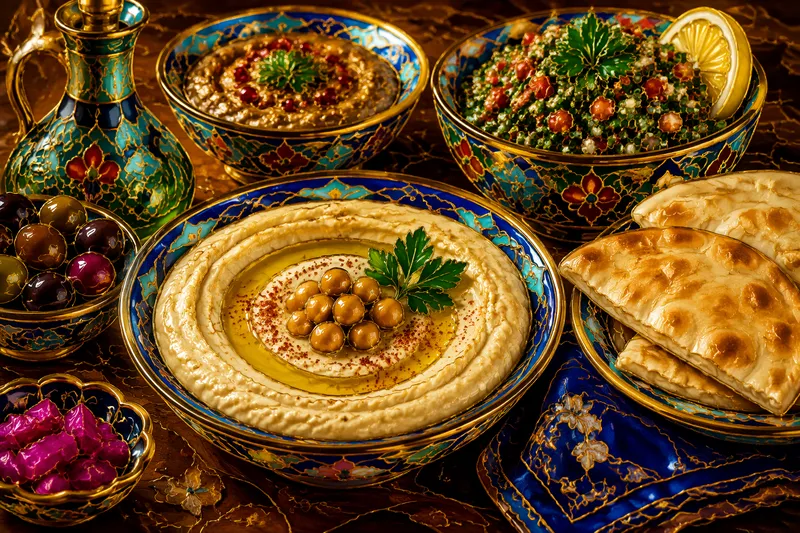 Perinteisiä arabialaisia ruokia kuten hummusta ja pitaleipää Perinteisiä arabialaisia ruokia kuten hummusta ja pitaleipää
