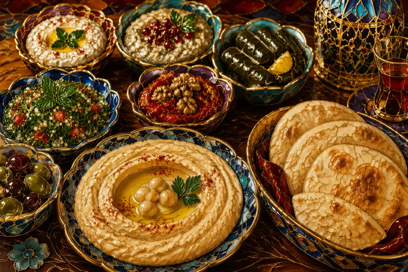 Perinteisiä Lähi-idän meze-annoksia ja hummusta pöydässä Perinteisiä Lähi-idän meze-annoksia ja hummusta pöydässä