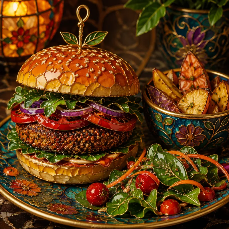 Herkullinen kasvisburgeri tuoreilla raaka-aineilla tarjoiltuna Herkullinen kasvisburgeri tuoreilla raaka-aineilla tarjoiltuna
