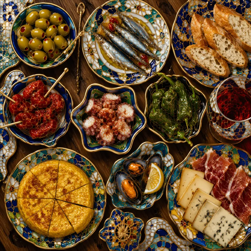 Erilaisia espanjalaisia tapaksia ja herkkuja tarjoiltuna Erilaisia espanjalaisia tapaksia ja herkkuja tarjoiltuna