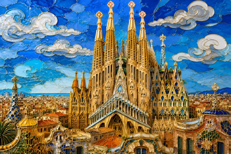 Sagrada Familia kirkko Barcelonan kaupunkimaisemassa Sagrada Familia kirkko Barcelonan kaupunkimaisemassa