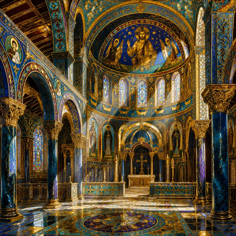 Valoa heijastavat lasimaalaukset basilikan sisätiloissa Valoa heijastavat lasimaalaukset basilikan sisätiloissa