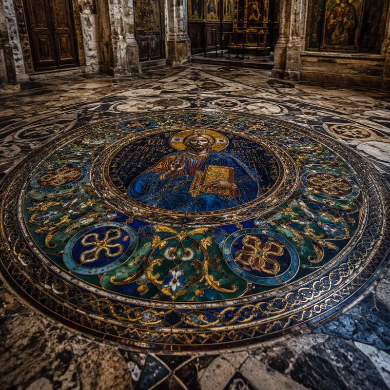 Yksityiskohtainen mosaiikkitaideteos kirkon lattiassa