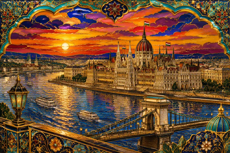 Budapestin parlamenttitalo ja Tonava auringonlaskun aikaan Budapestin parlamenttitalo ja Tonava auringonlaskun aikaan