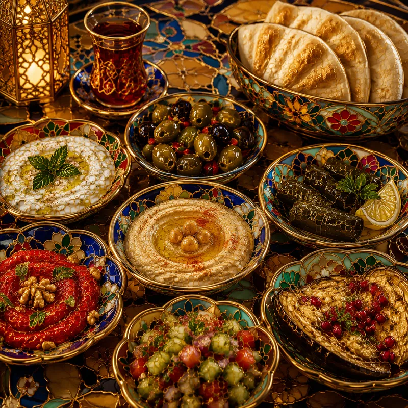 Lajitelma perinteisiä meze-alkupaloja pöydässä Lajitelma perinteisiä meze-alkupaloja pöydässä