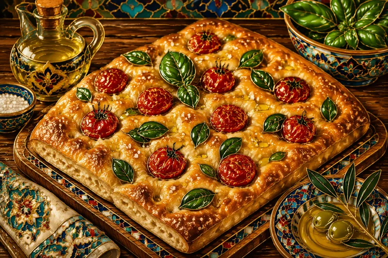 Tuoretta focaccia-leipää tomaateilla ja basilikalla