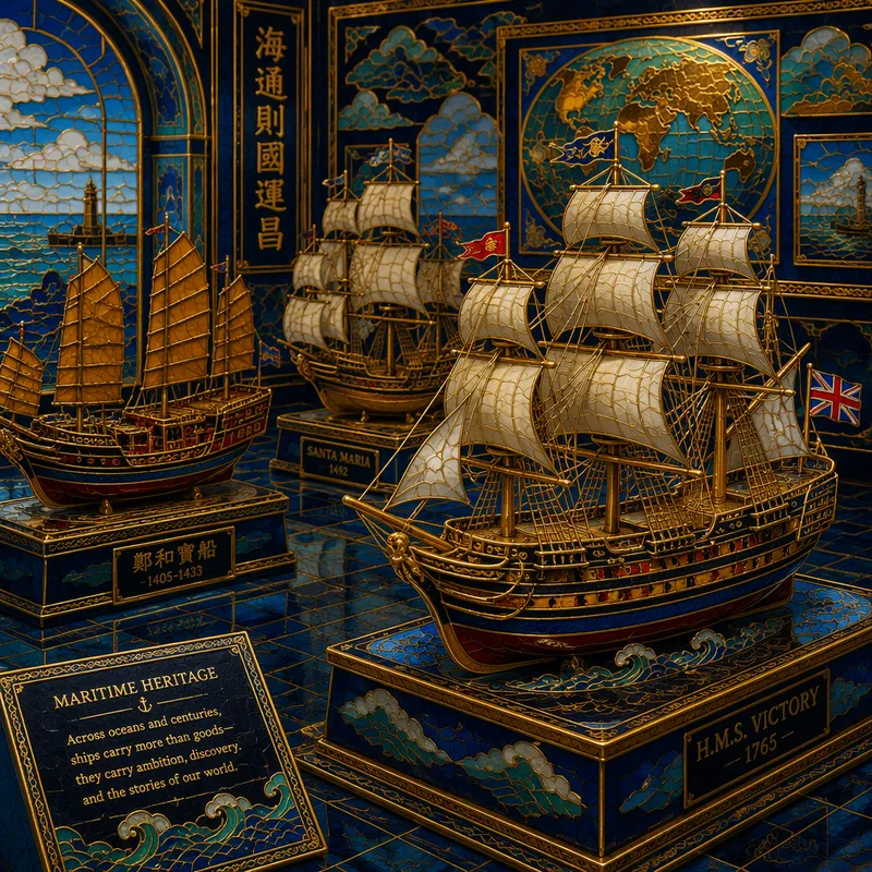Historiallisia laivamalleja museon näyttelyssä Historiallisia laivamalleja museon näyttelyssä