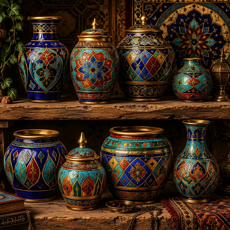 Perinteisiä käsinmaalattuja arabialaisia keramiikkaesineitä Perinteisiä käsinmaalattuja arabialaisia keramiikkaesineitä