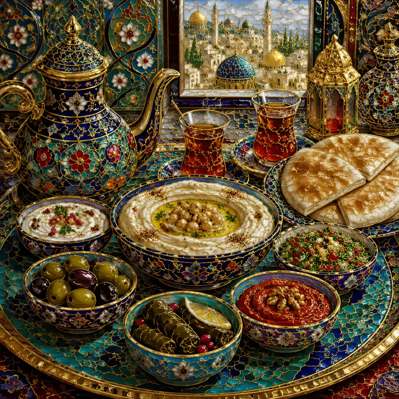 Arabialaisia meze-ruokia ja teetä tarjoiltuna Arabialaisia meze-ruokia ja teetä tarjoiltuna