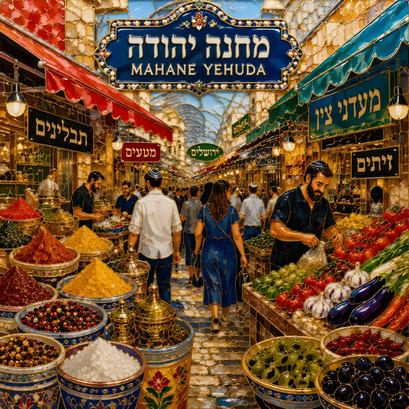 Vilkas Mahane Yehuda -markkinatori ja tuoreita raaka-aineita Vilkas Mahane Yehuda -markkinatori ja tuoreita raaka-aineita