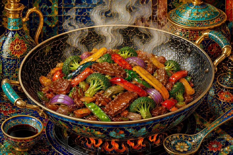 Höyryävä kiinalainen wok-annos pannulla