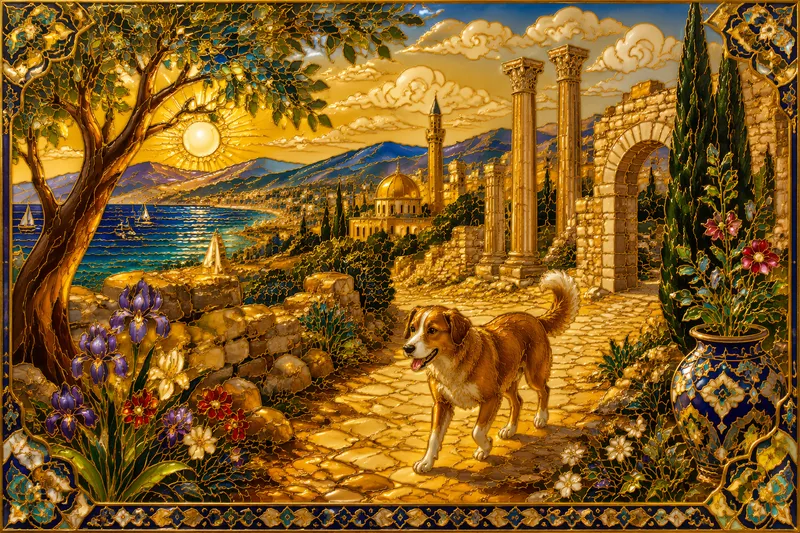 Koira kävelee aurinkoisella polulla Israelin luonnossa Koira kävelee aurinkoisella polulla Israelin luonnossa