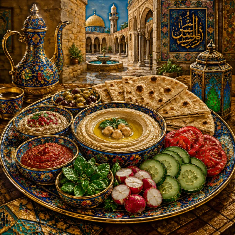 Perinteinen mezze-lautanen ja tuoretta leipää pöydällä Perinteinen mezze-lautanen ja tuoretta leipää pöydällä