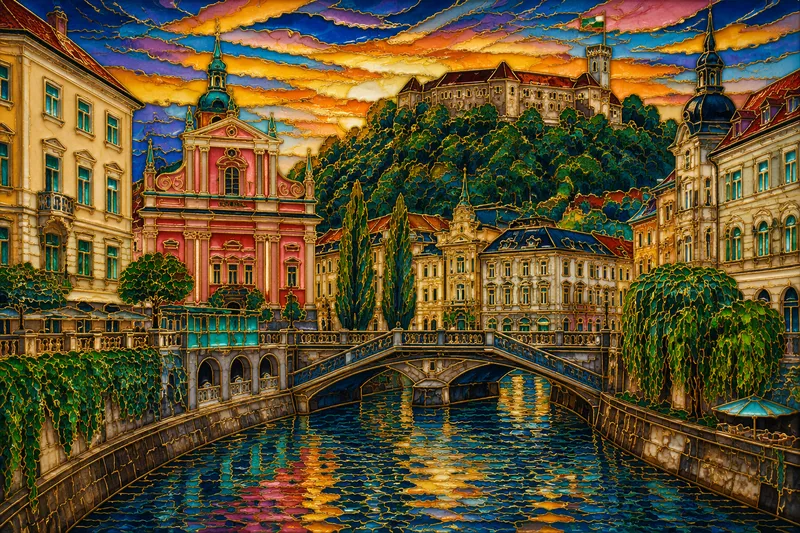 Ljubljanan keskusta, joki ja linna kukkulalla