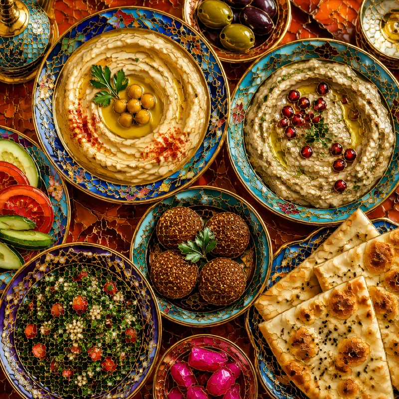 Lähikuva värikkäistä Lähi-idän mezze-annoksista ja tuoreesta leivästä Lähikuva värikkäistä Lähi-idän mezze-annoksista ja tuoreesta leivästä