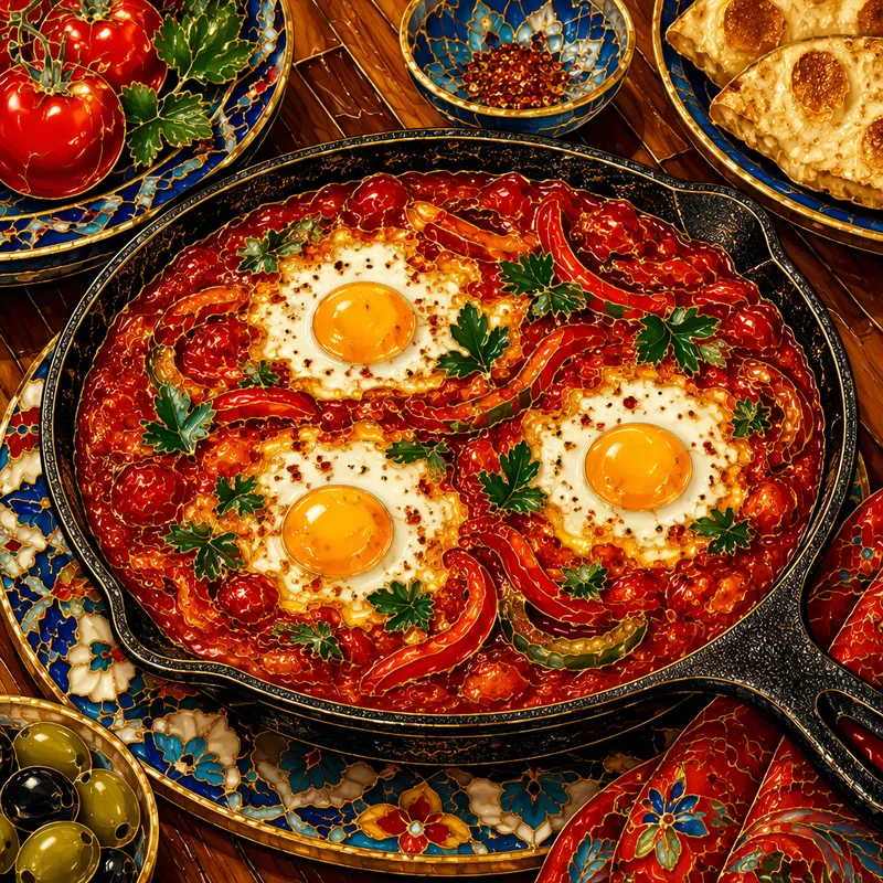 Tyylikkäästi tarjoiltu shakshuka pannulla Tyylikkäästi tarjoiltu shakshuka pannulla