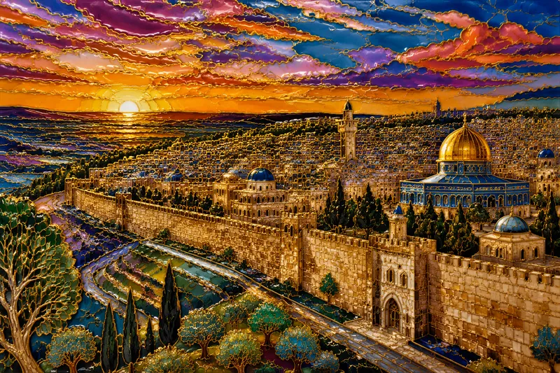 Historiallinen Jerusalemin kaupunki auringonlaskun aikaan