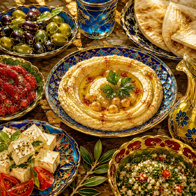 Värikkäitä meze-annoksia ja hummusta pöydällä Värikkäitä meze-annoksia ja hummusta pöydällä