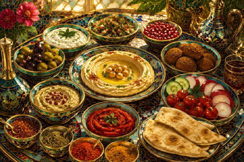 Perinteisiä meze-annoksia ja tuoreita raaka-aineita pöydällä Perinteisiä meze-annoksia ja tuoreita raaka-aineita pöydällä