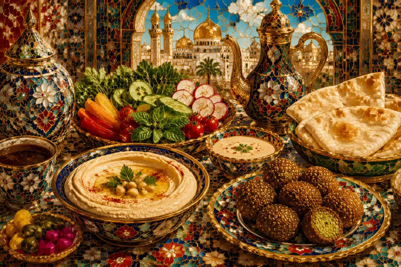 Perinteisiä Lähi-idän ruokalajeja kuten hummusta ja falafelia Perinteisiä Lähi-idän ruokalajeja kuten hummusta ja falafelia