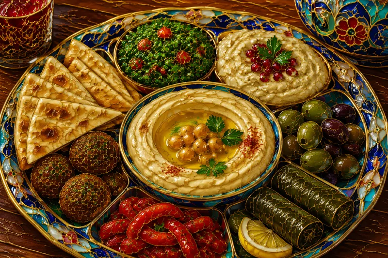 Libanonilainen meze-lautanen hummuksella ja pitaleivällä