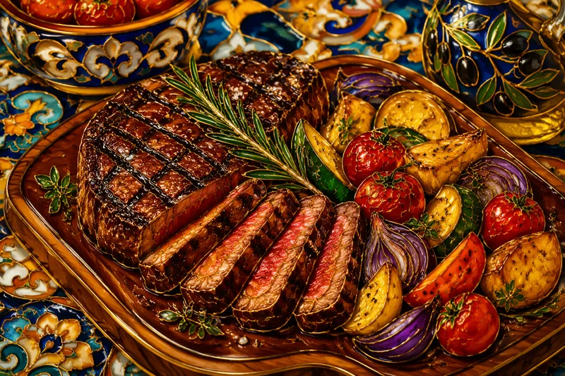 Grillattu pihvi ja paahdettuja kasviksia lautasella