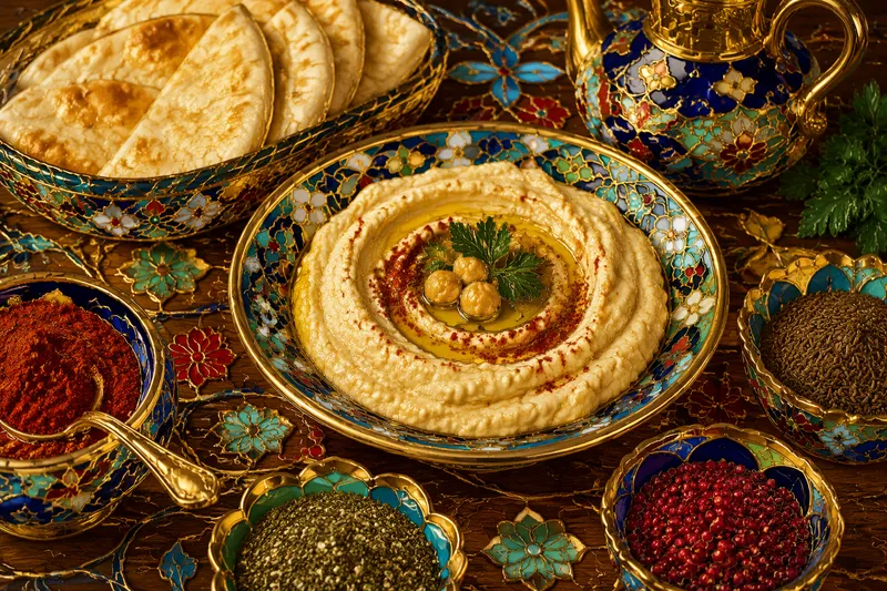 Hummus ja tuoretta pitaleipää tarjoiltuna pöydässä Hummus ja tuoretta pitaleipää tarjoiltuna pöydässä
