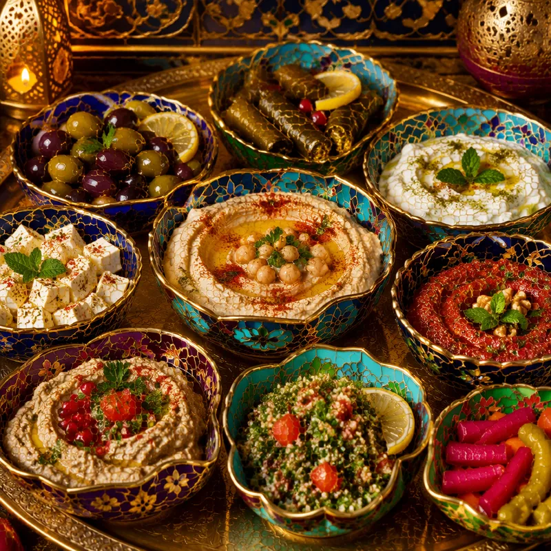 Värikkäitä välimerellisiä mezze-annoksia tarjoiltuna pienistä kulhoista