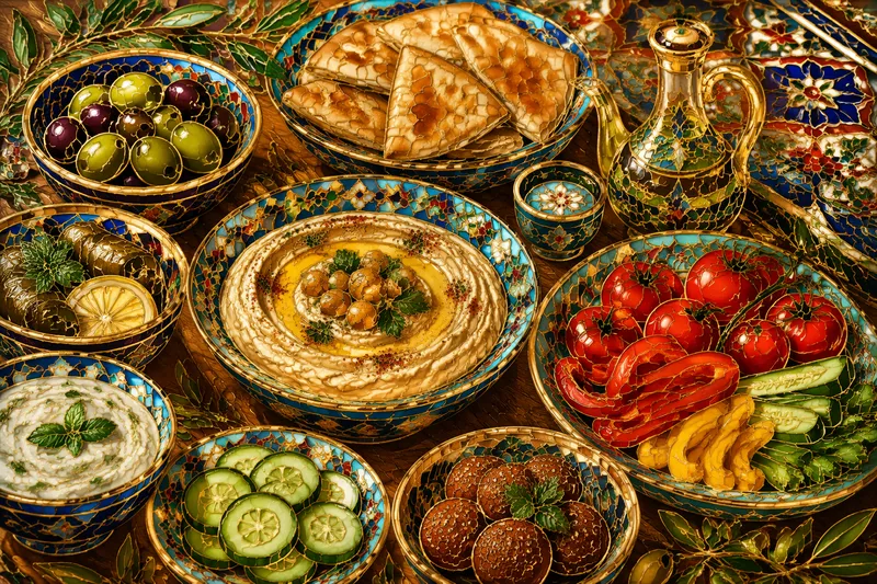 Värikkäitä välimerellisiä meze-annoksia tarjoiltuna puisella pöydällä Värikkäitä välimerellisiä meze-annoksia tarjoiltuna puisella pöydällä